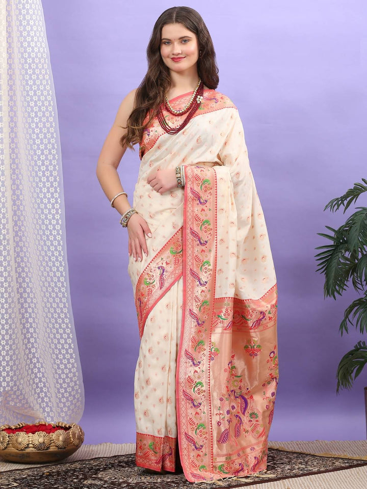 Cream Paithani Silk Saree