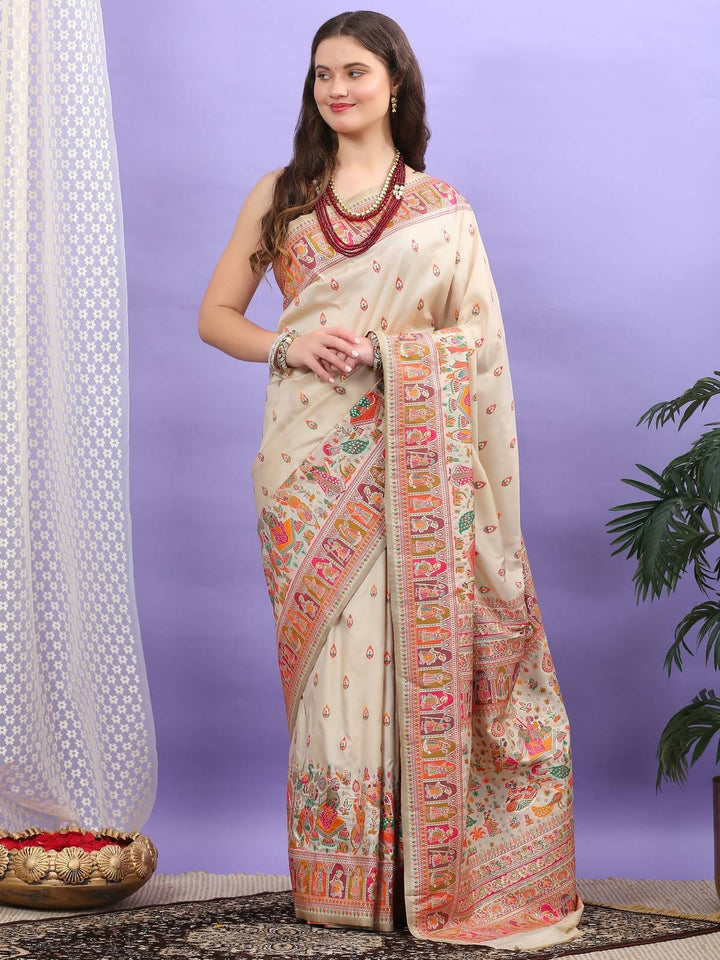 Beige Pashmina Silk Saree