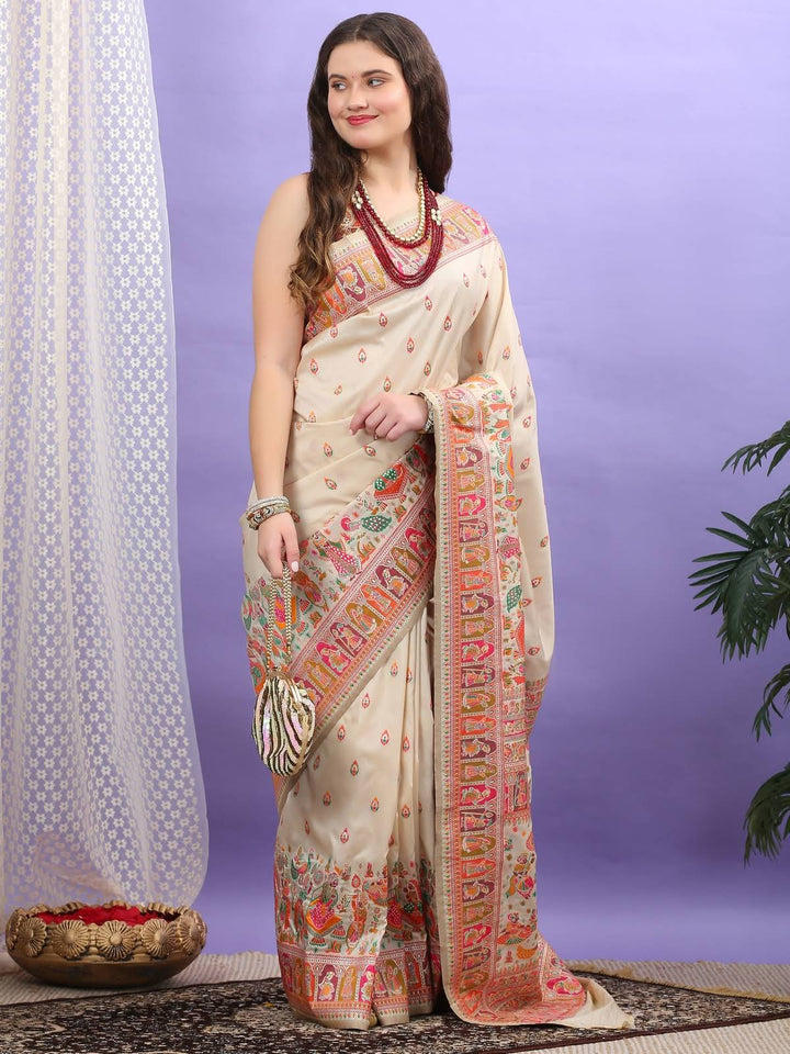 Beige Pashmina Silk Saree
