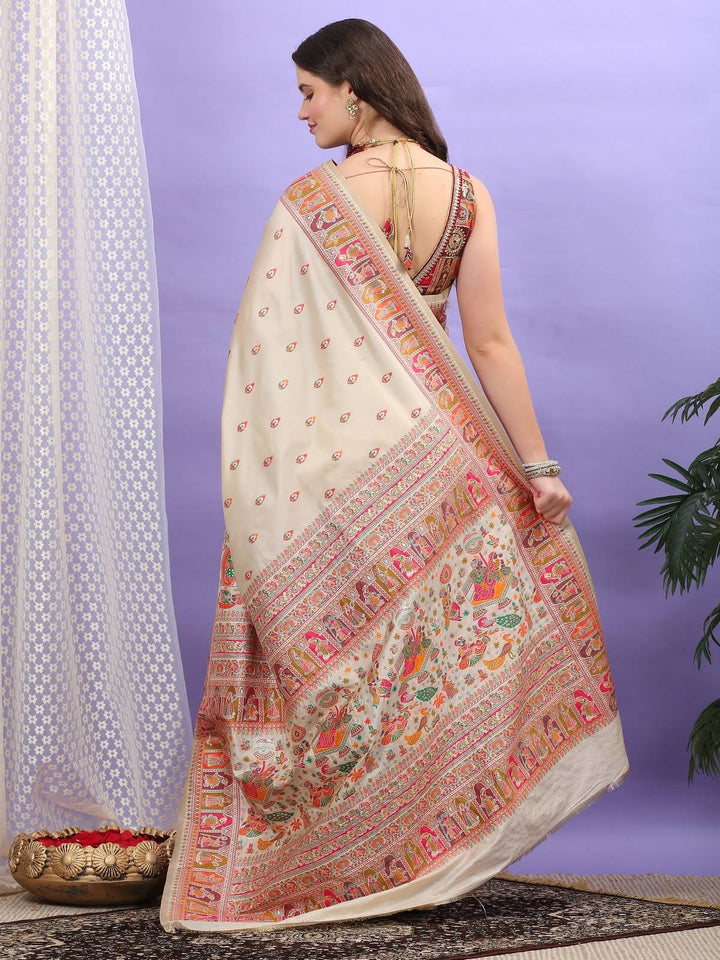 Beige Pashmina Silk Saree