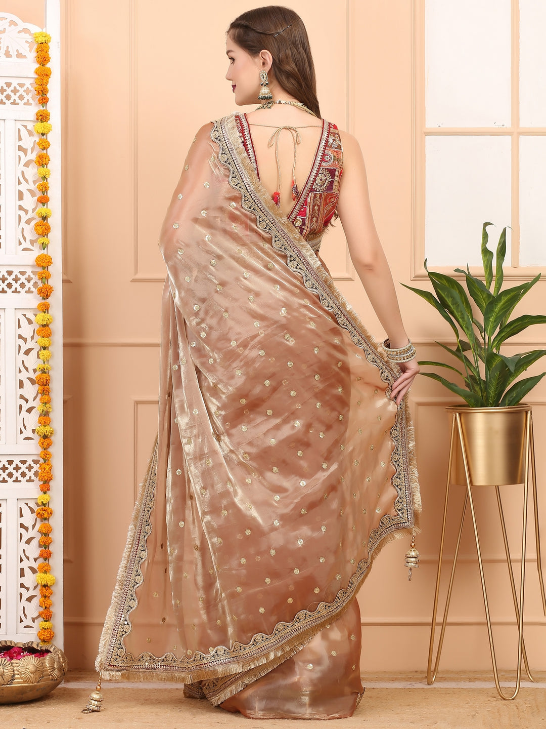 Peach Gold Tissue Saree