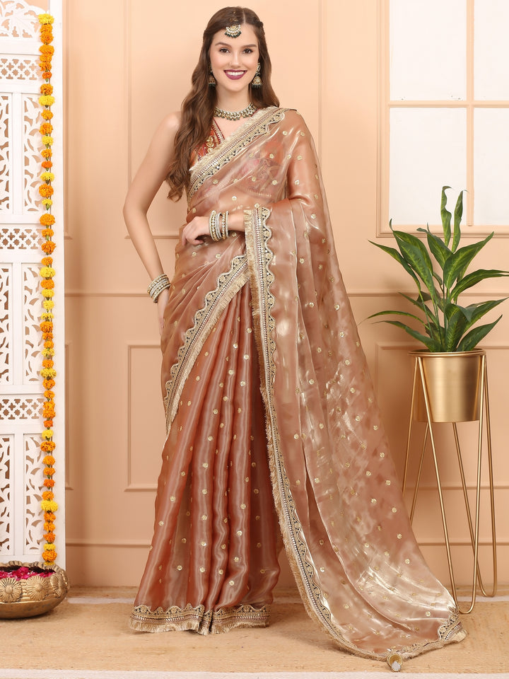 Peach Gold Tissue Saree