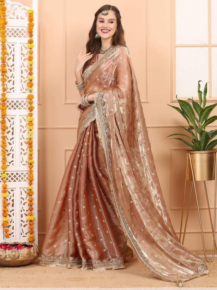 Peach Gold Tissue Saree