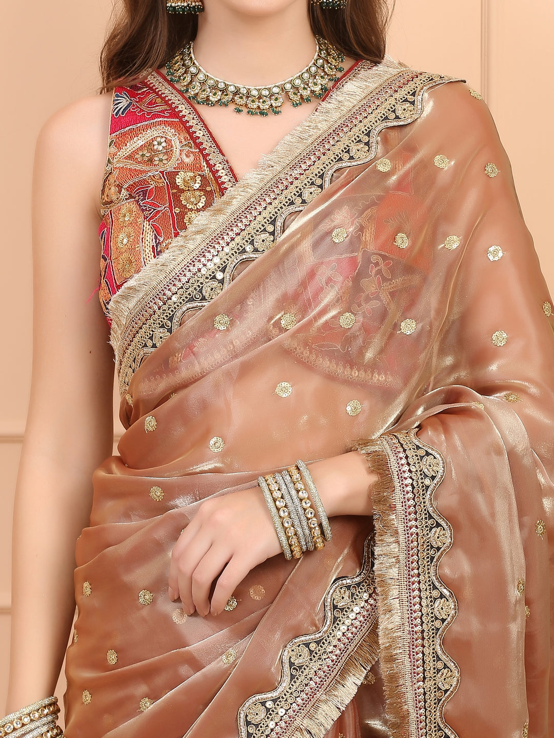 Peach Gold Tissue Saree