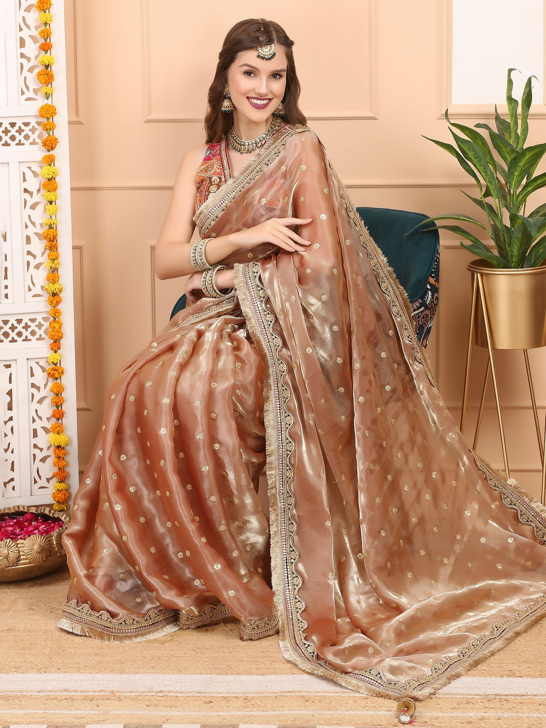 Peach Gold Tissue Saree