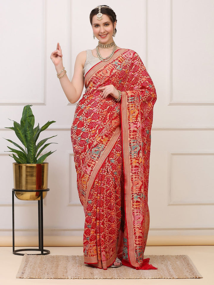 Red Khaddi Georgette Banarasi Bhandej Saree