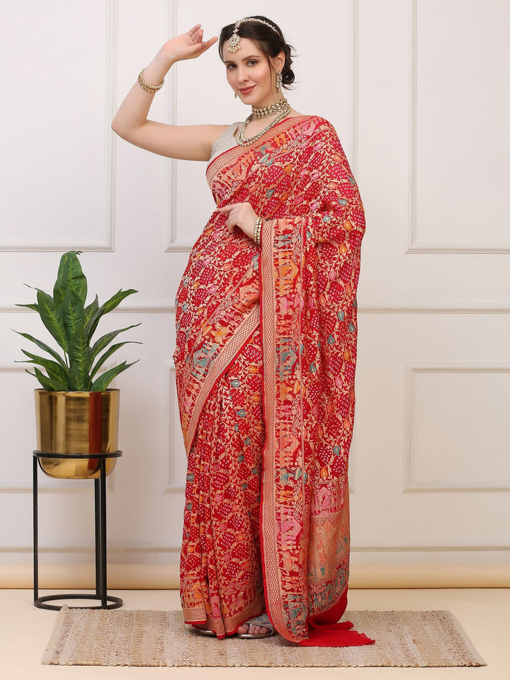 Red Khaddi Georgette Banarasi Bhandej Saree