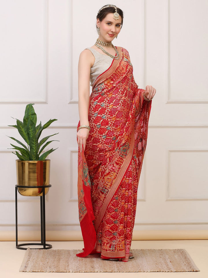 Red Khaddi Georgette Banarasi Bhandej Saree