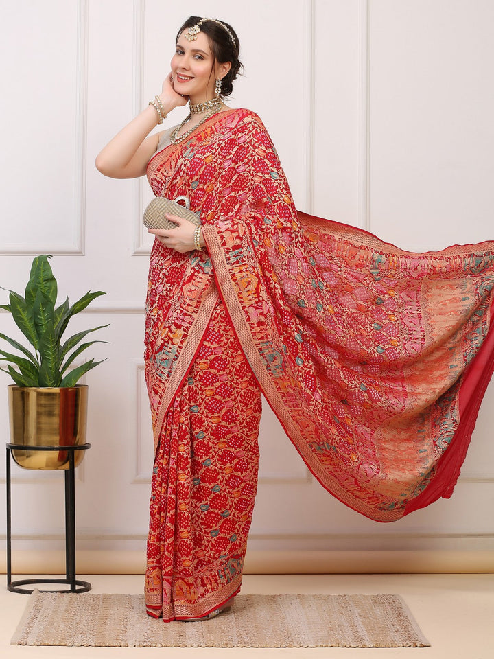 Red Khaddi Georgette Banarasi Bhandej Saree