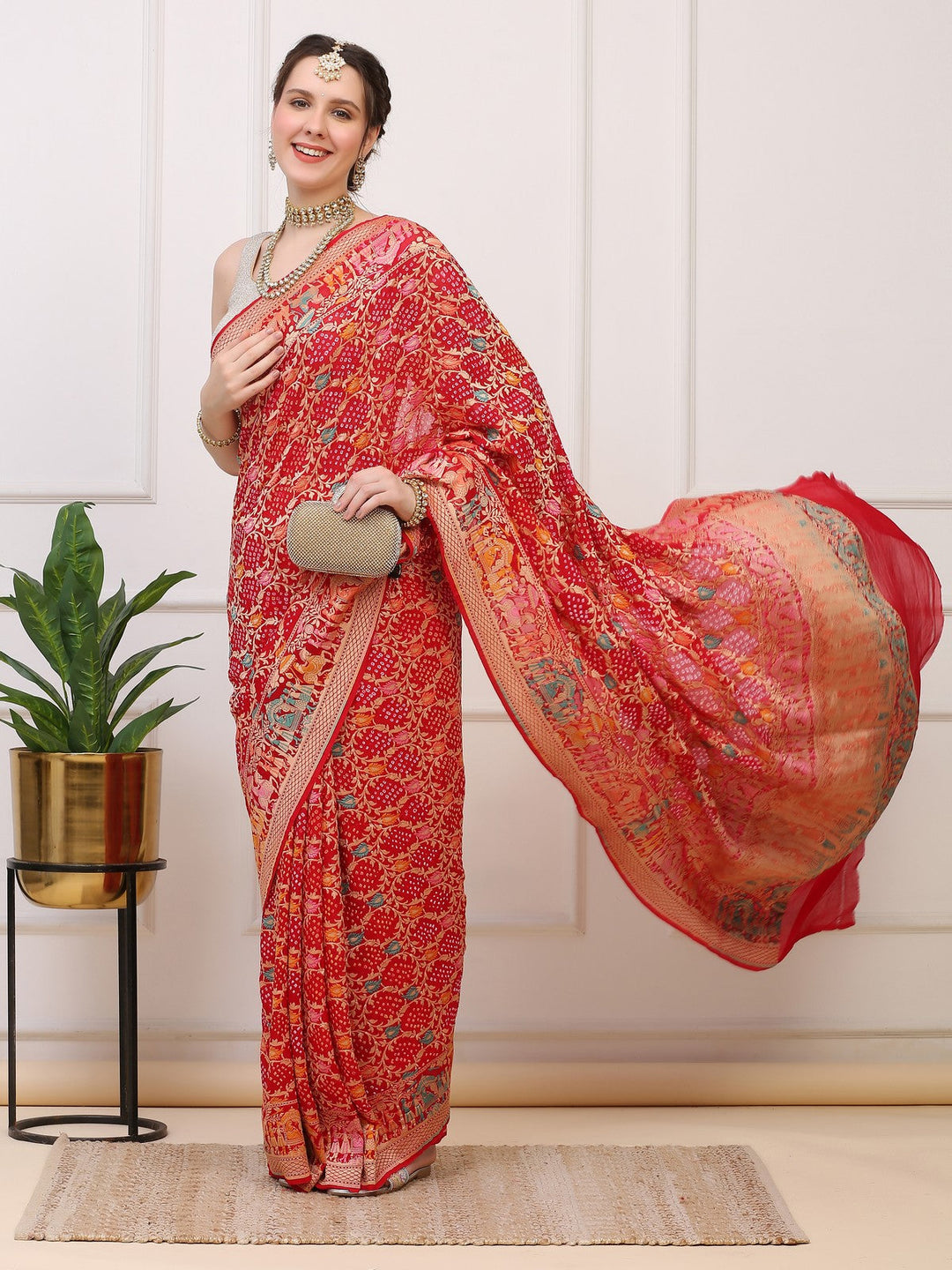 Red Khaddi Georgette Banarasi Bhandej Saree