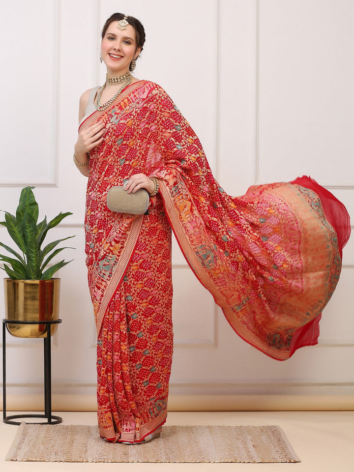 Red Khaddi Georgette Banarasi Bhandej Saree