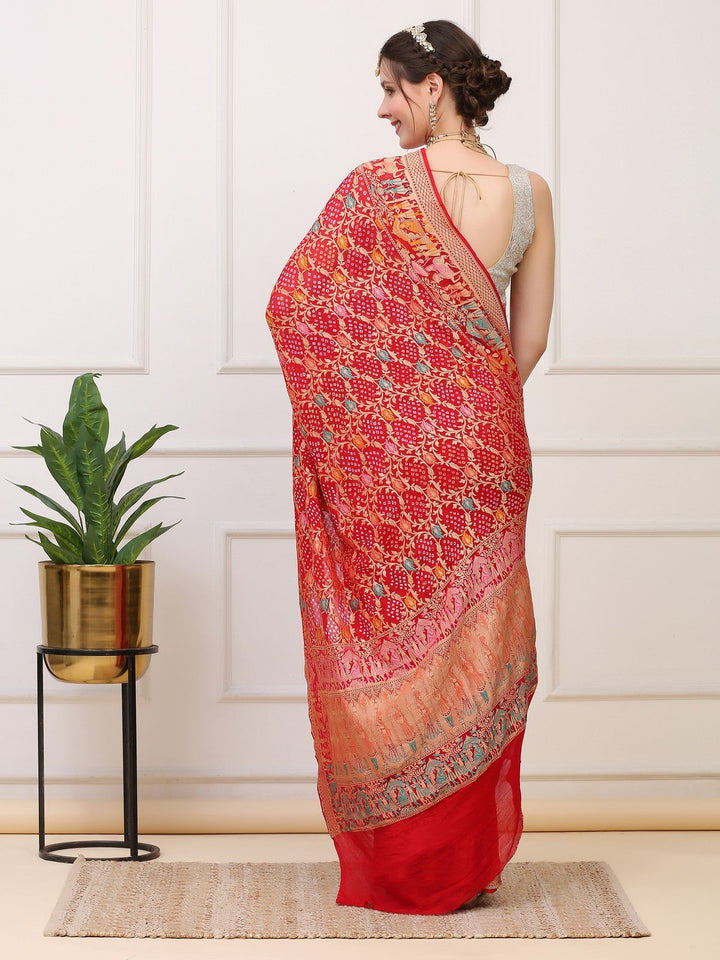 Red Khaddi Georgette Banarasi Bhandej Saree