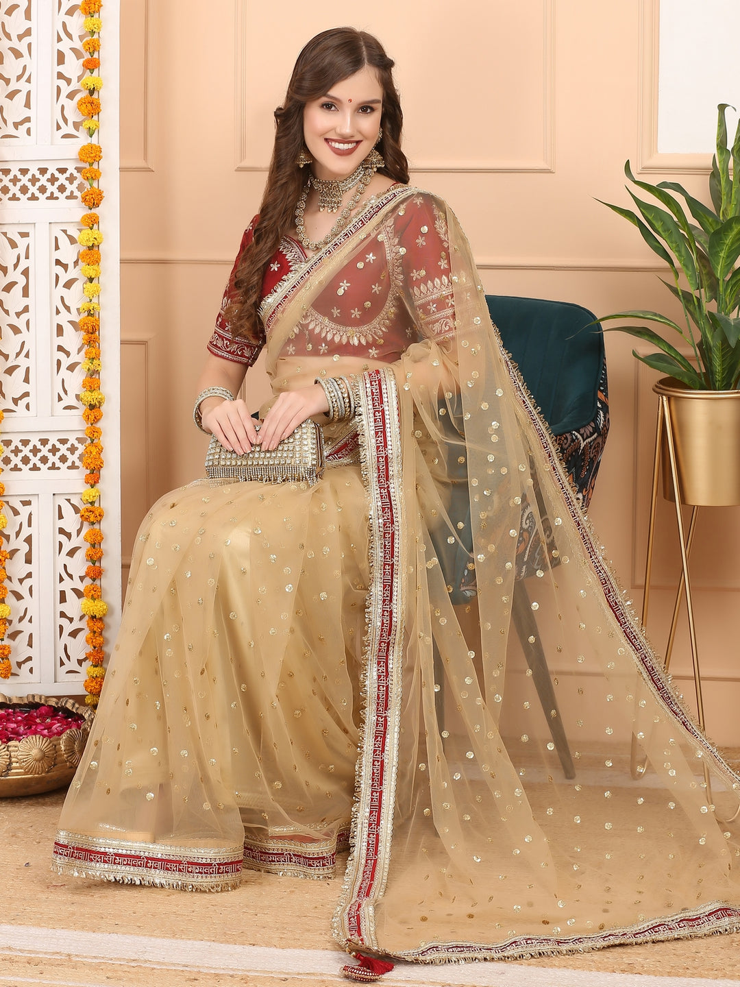 Gold Net Saree