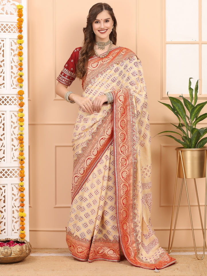 Beige and Red Khaddi Georgette Bandhej Saree