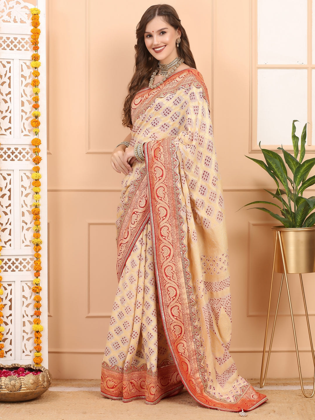 Beige and Red Khaddi Georgette Bandhej Saree