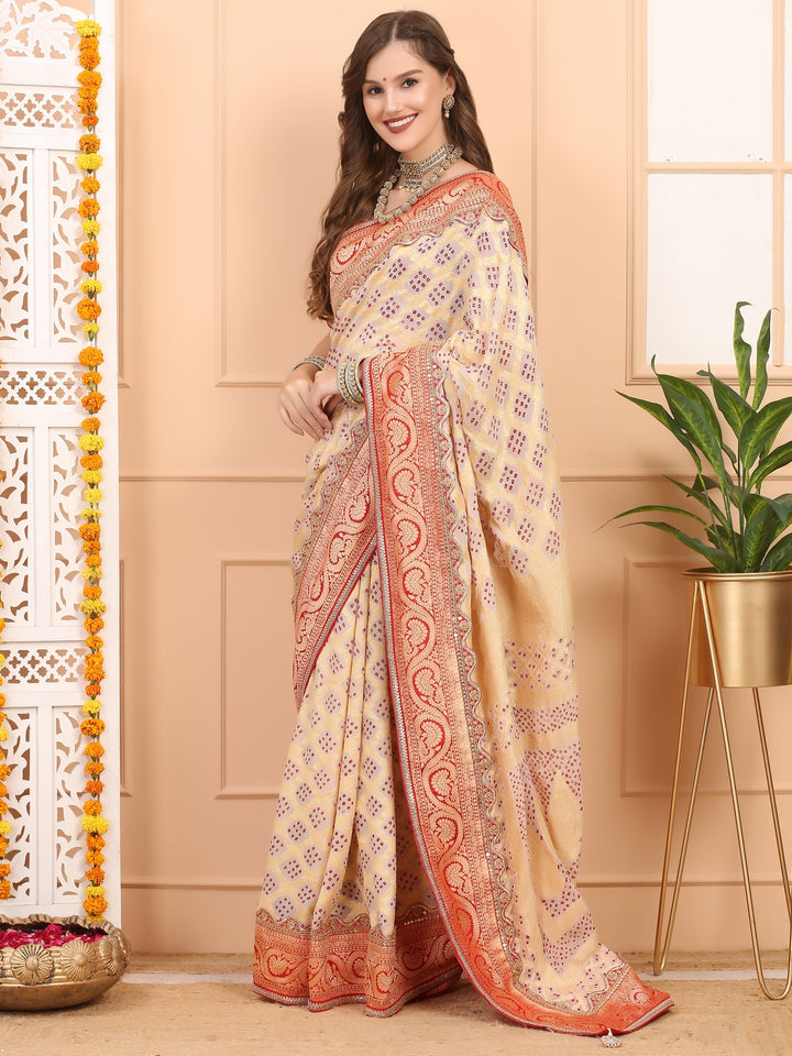 Beige and Red Khaddi Georgette Bandhej Saree