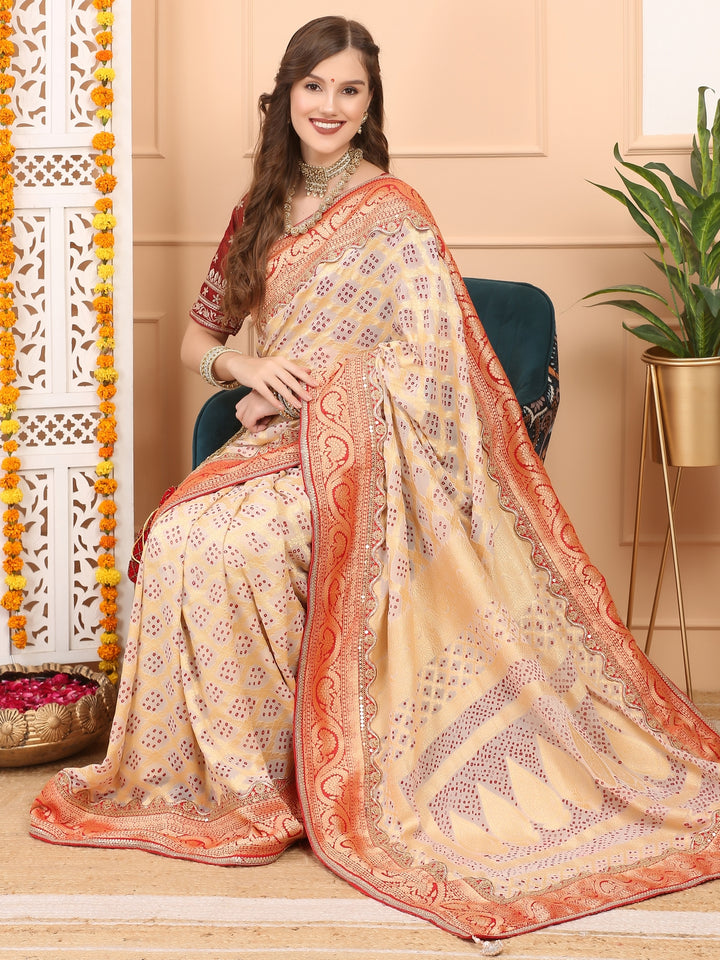 Beige and Red Khaddi Georgette Bandhej Saree