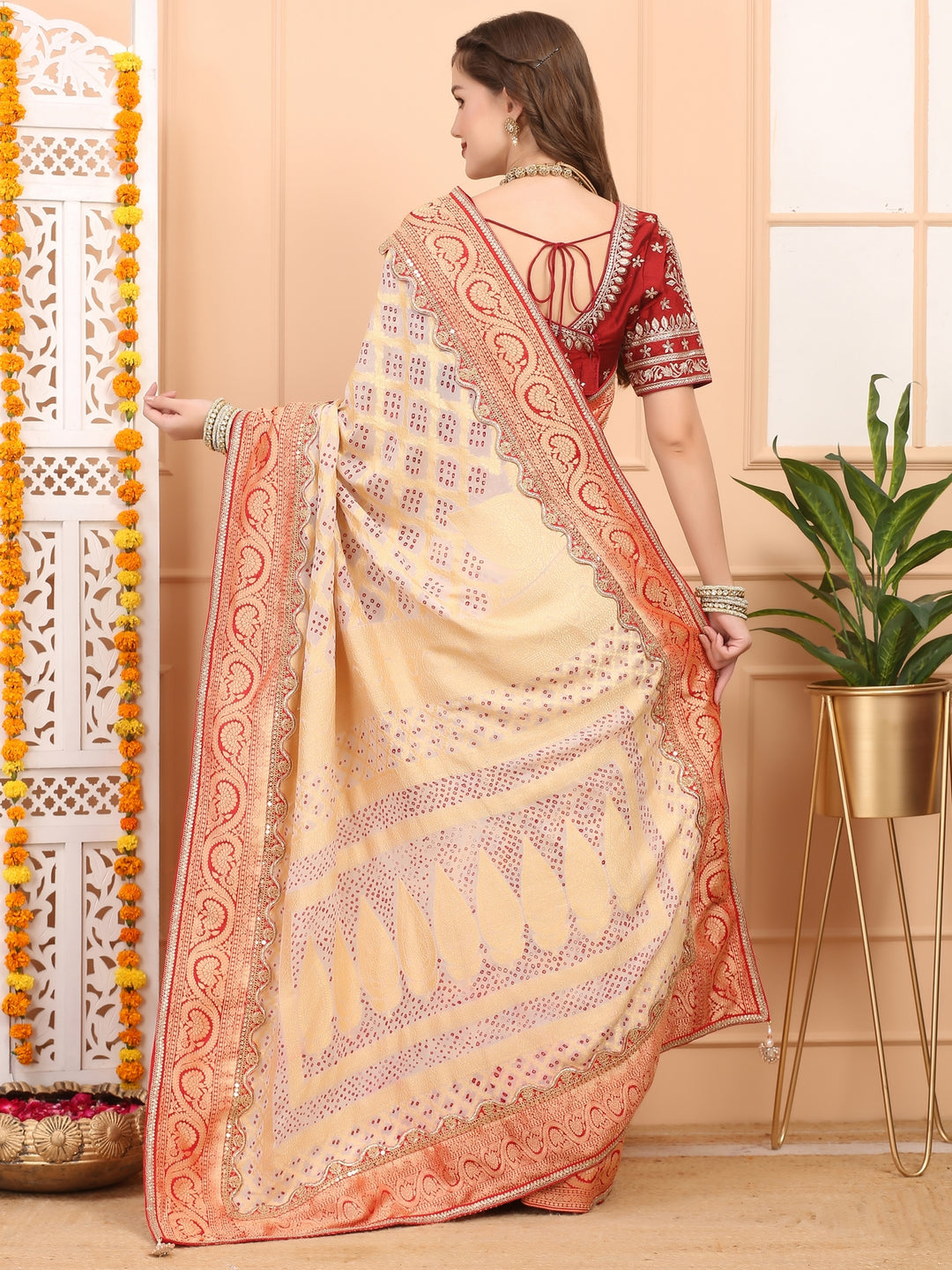 Beige and Red Khaddi Georgette Bandhej Saree