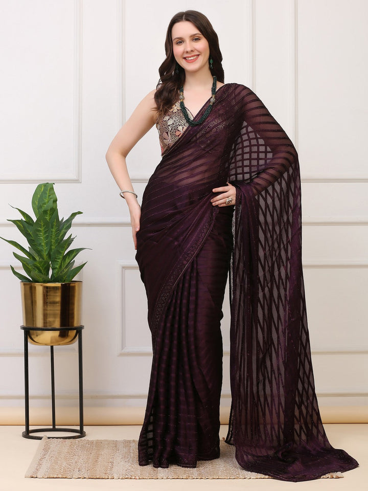 Wine Crepe Sequin Saree