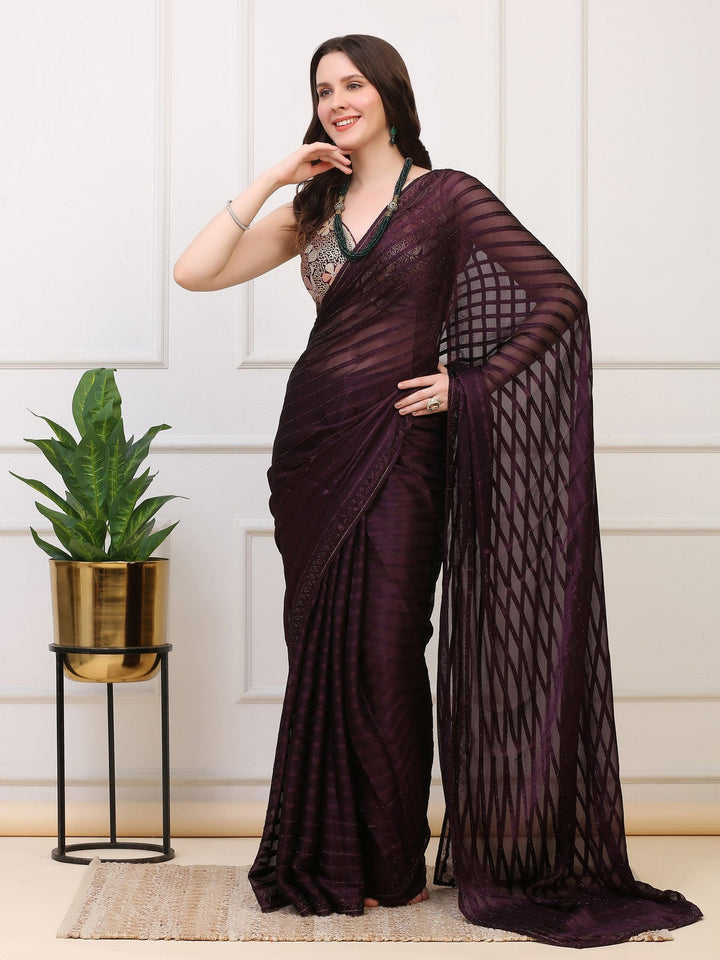 Wine Crepe Sequin Saree