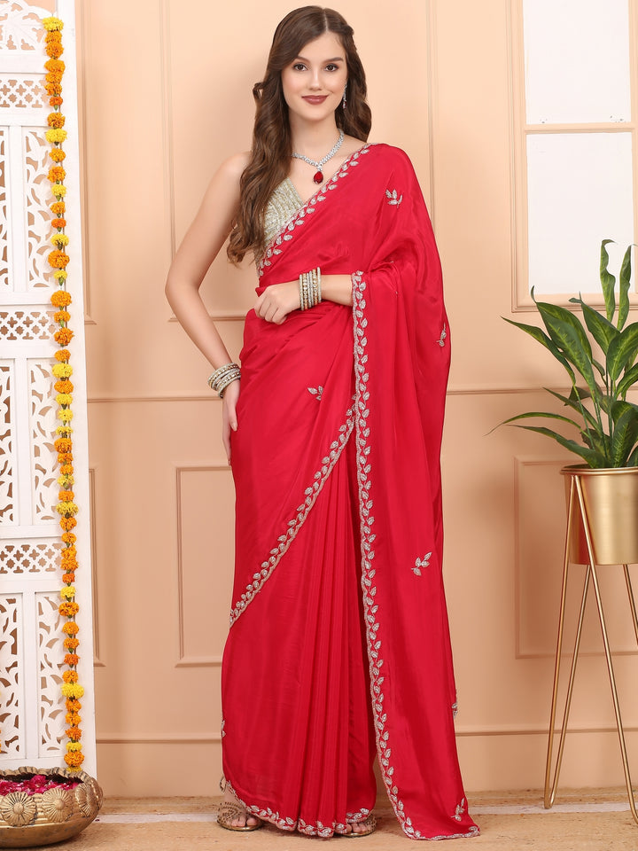 Ruby Red Satin Saree