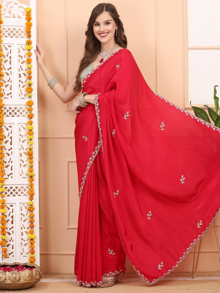 Ruby Red Satin Saree