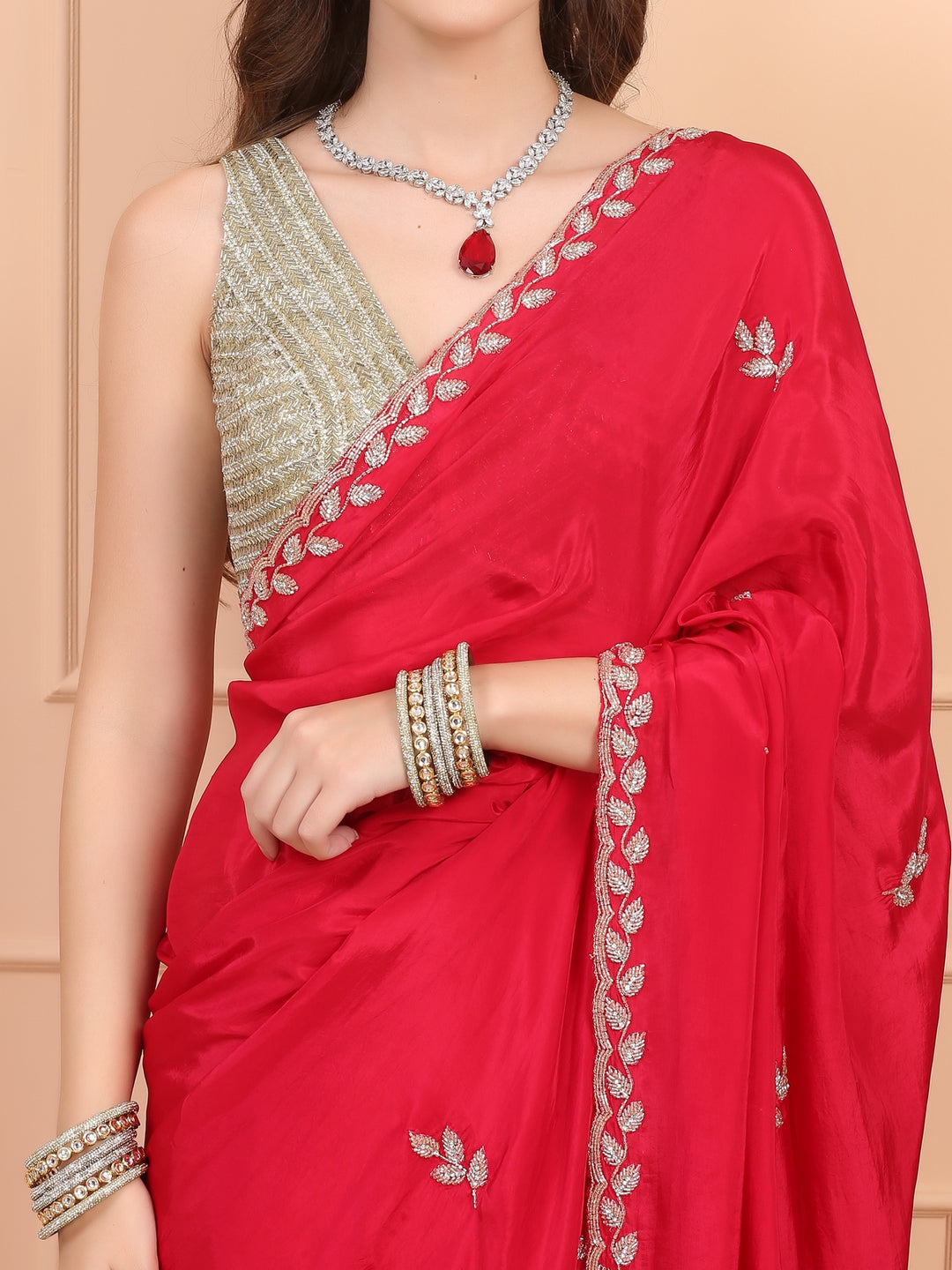 Ruby Red Satin Saree