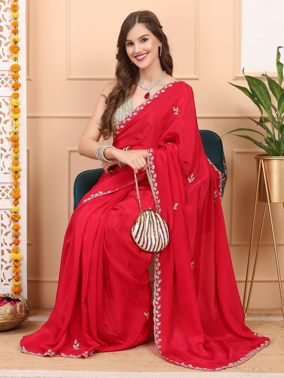 Ruby Red Satin Saree
