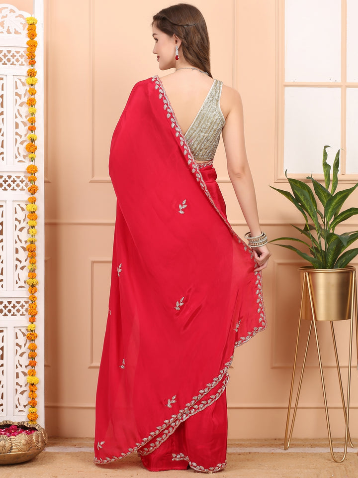 Ruby Red Satin Saree