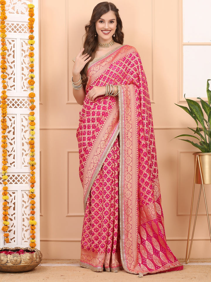 Pink Khaddi Georgette Bandhej Saree