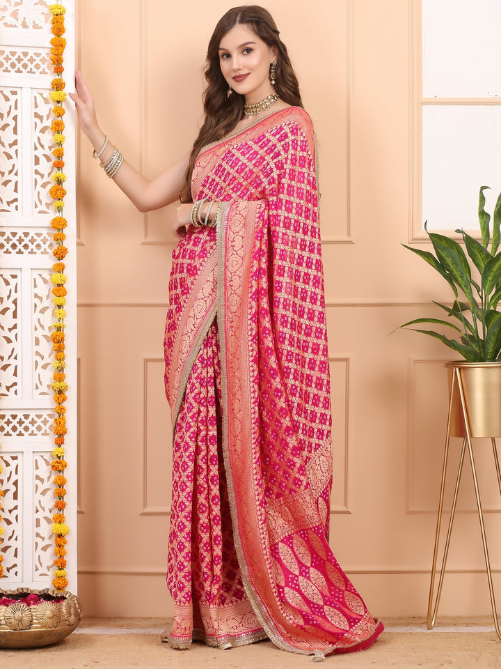 Pink Khaddi Georgette Bandhej Saree