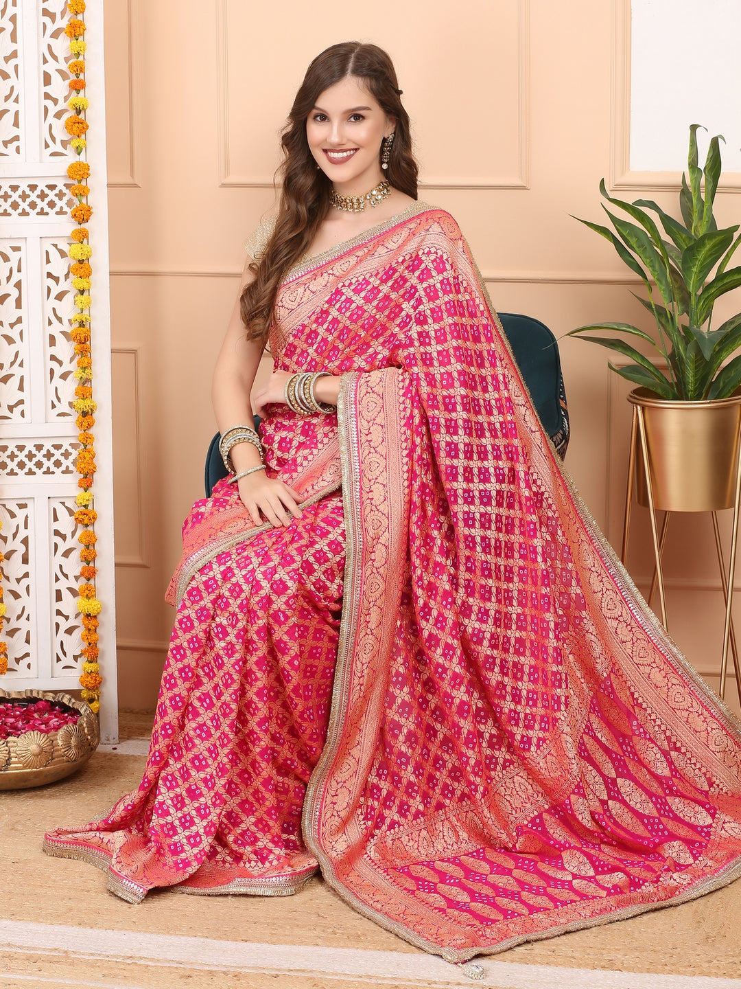 Pink Khaddi Georgette Bandhej Saree