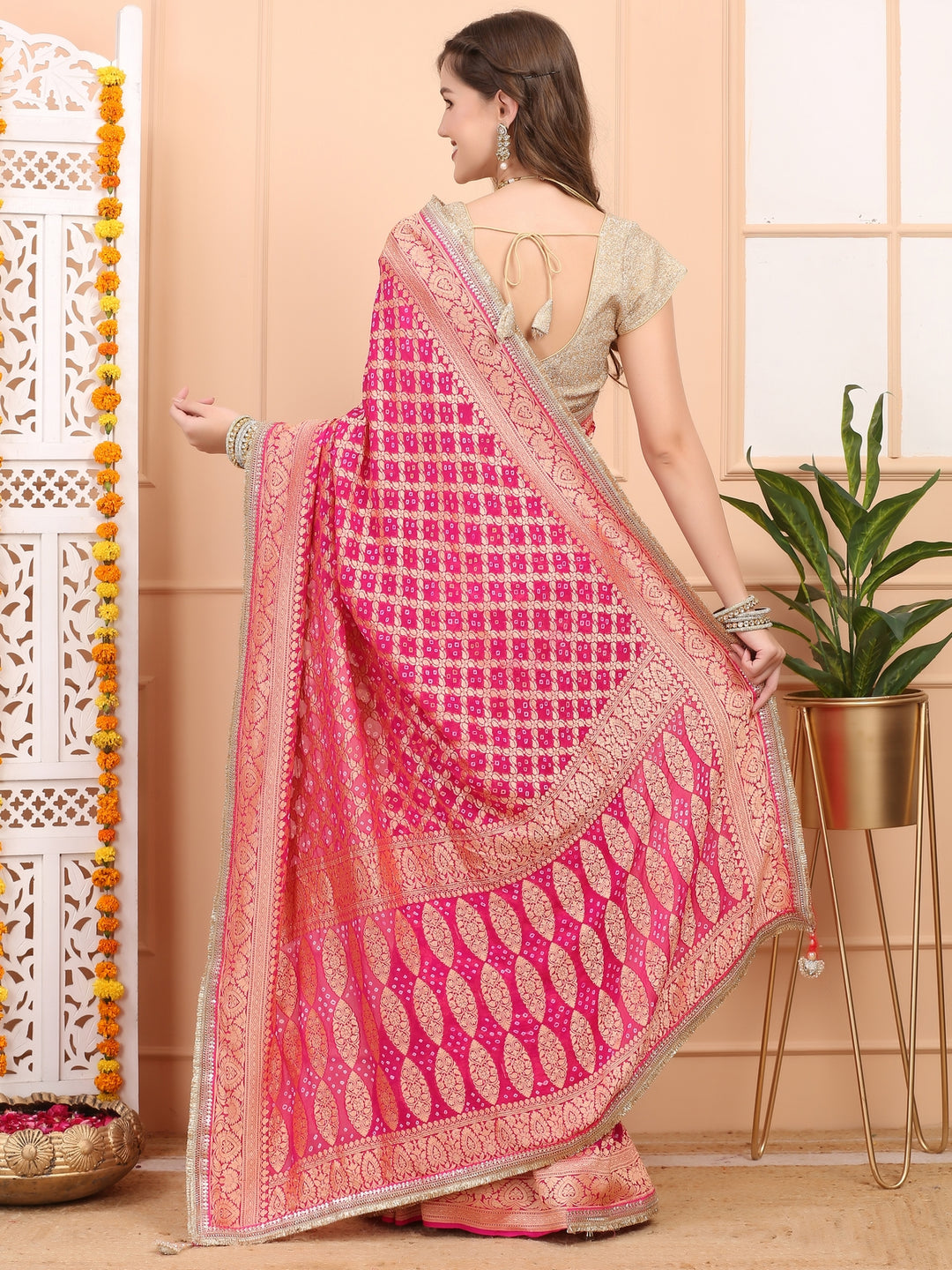 Pink Khaddi Georgette Bandhej Saree
