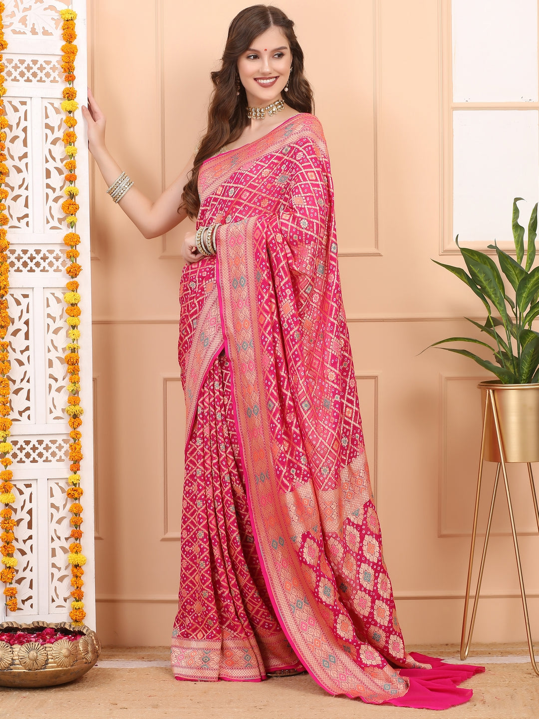 Hot Pink Khaddi Georgette Saree