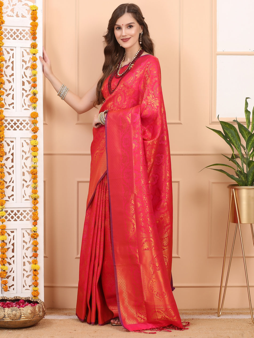 Pink Jaquard Silk Saree
