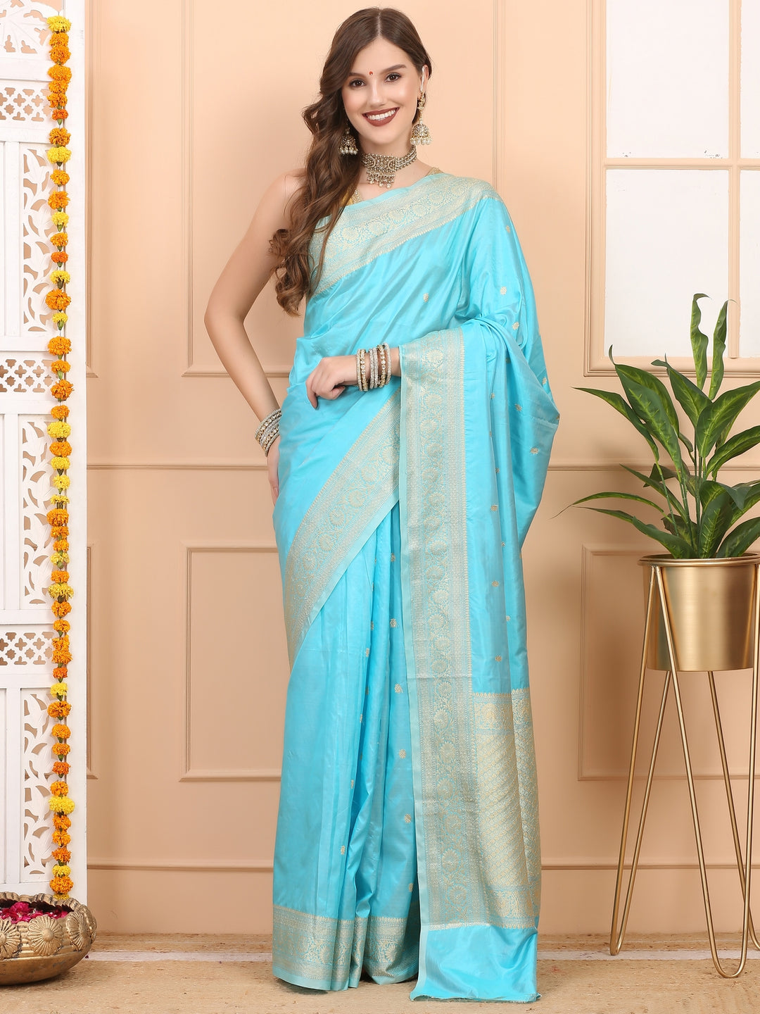 Aqua Blue Katan Silk Saree