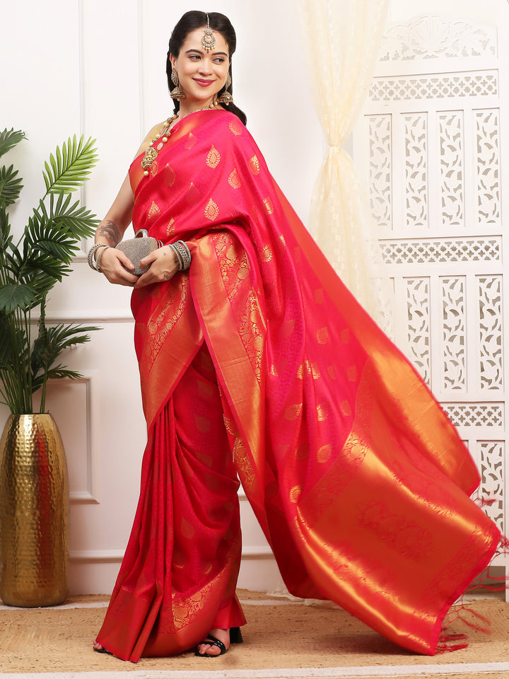 Hot Pink Jacquard Silk Saree