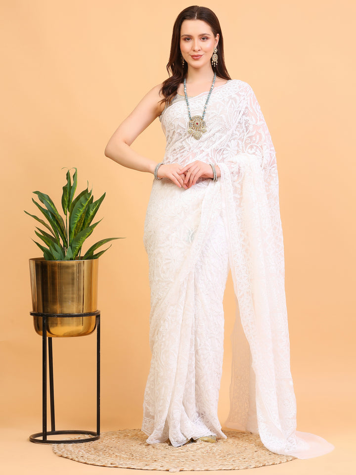 White Lucknowi Georgette Saree