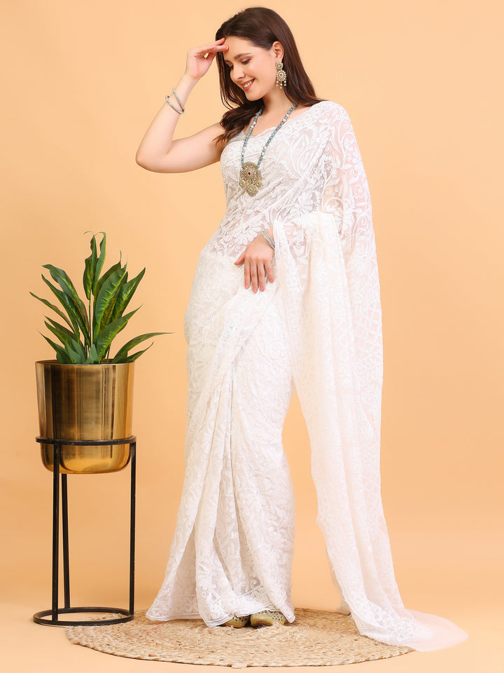White Lucknowi Georgette Saree