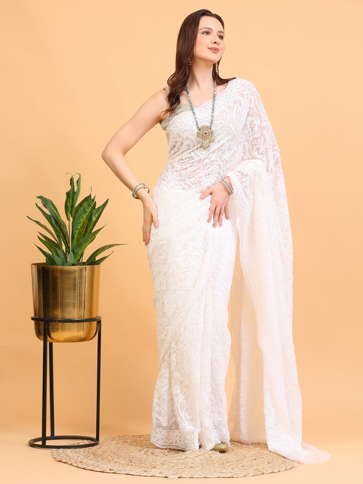 White Lucknowi Georgette Saree