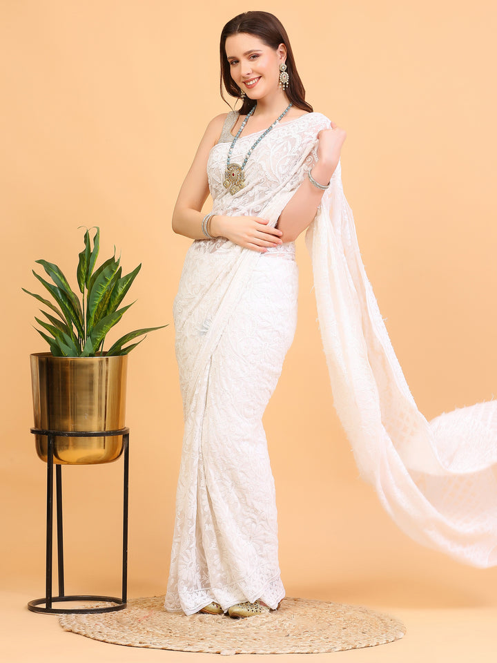 White Lucknowi Georgette Saree