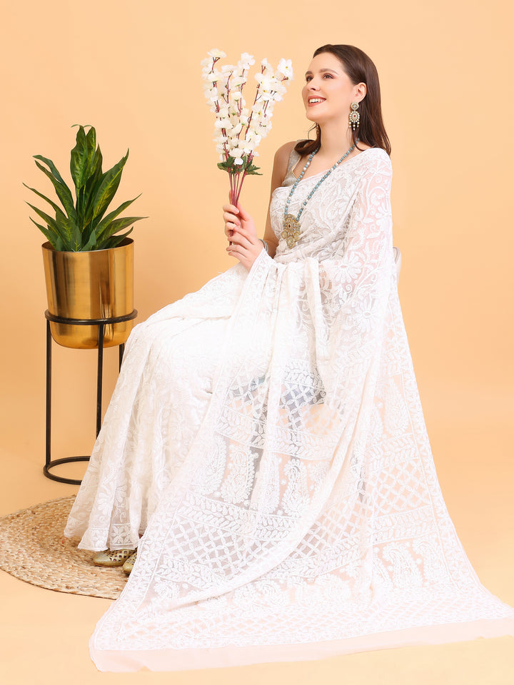 White Lucknowi Georgette Saree