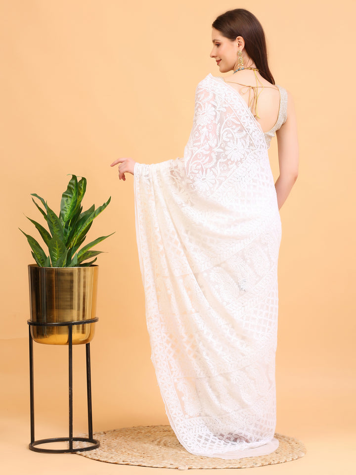 White Lucknowi Georgette Saree