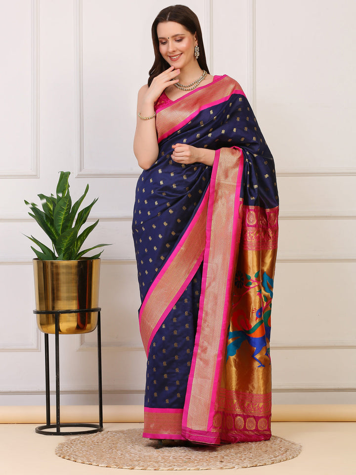 Navy blue and Pink Paithani Silk Saree