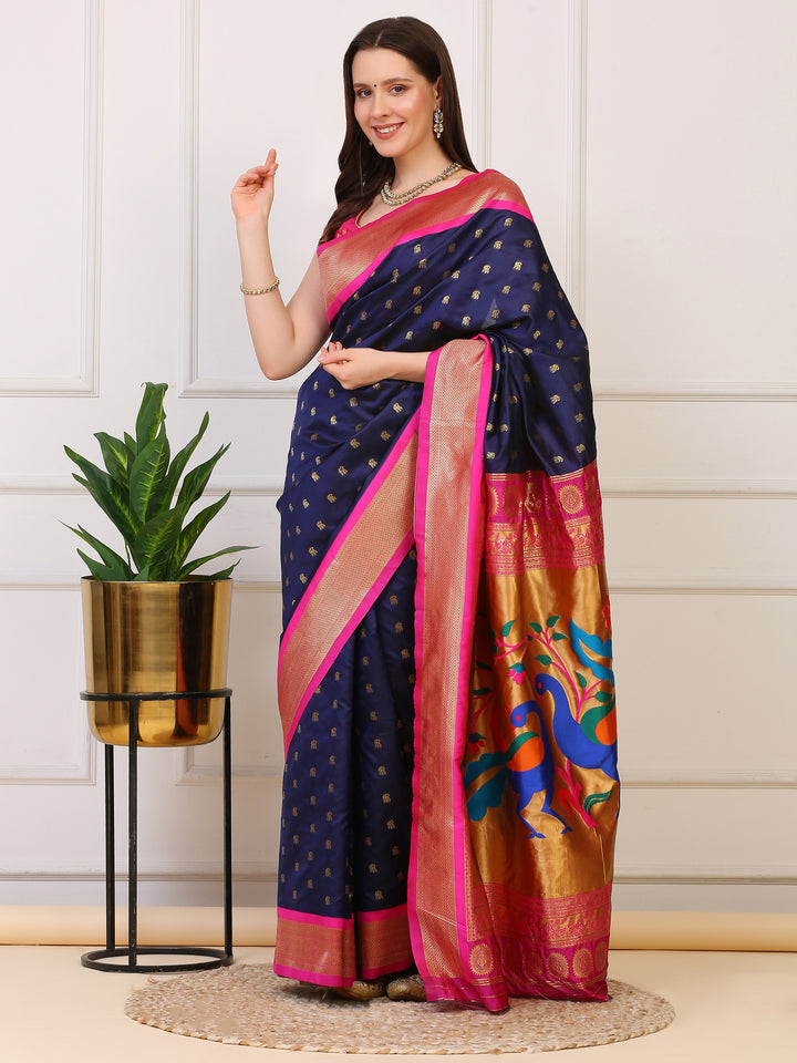 Navy blue and Pink Paithani Silk Saree