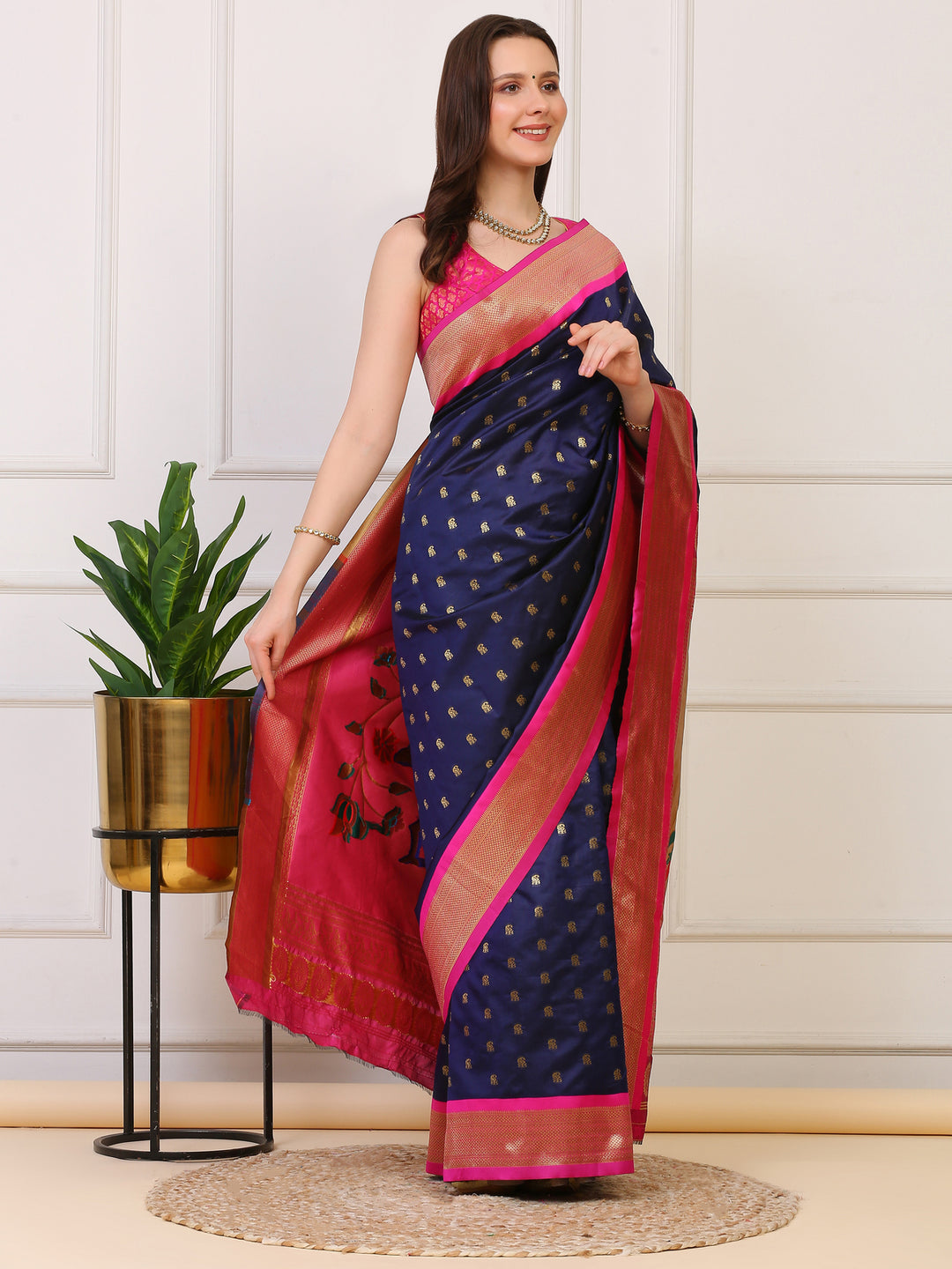 Navy blue and Pink Paithani Silk Saree