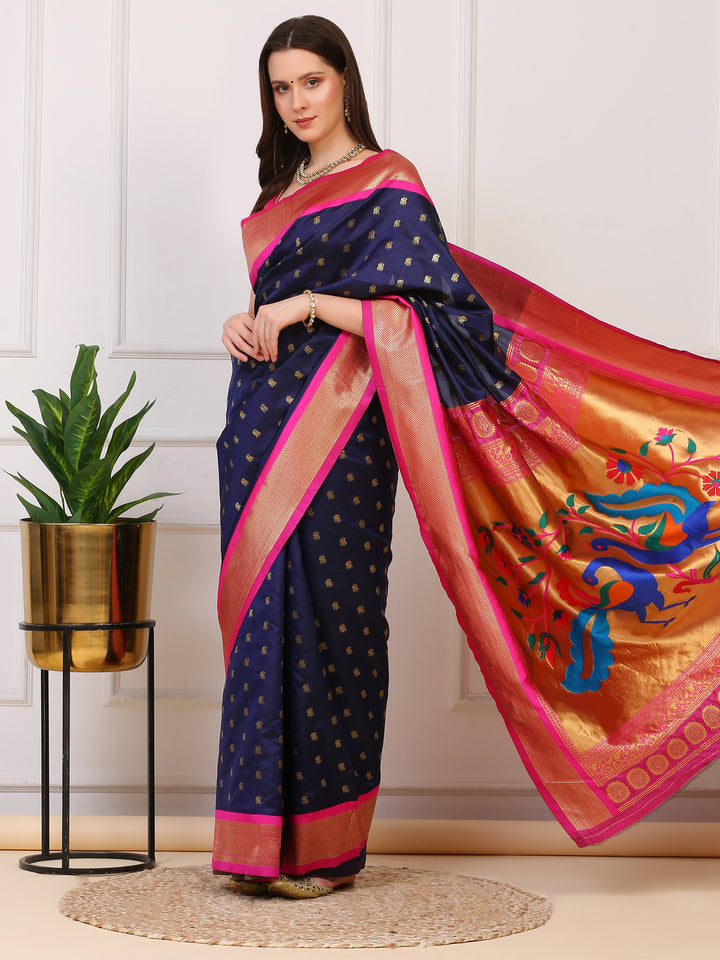 Navy blue and Pink Paithani Silk Saree