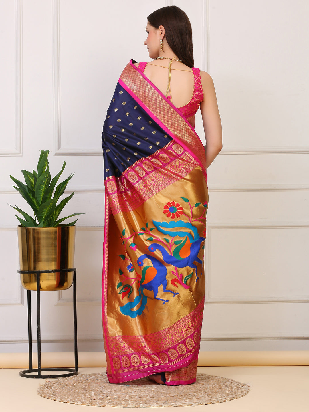 Navy blue and Pink Paithani Silk Saree