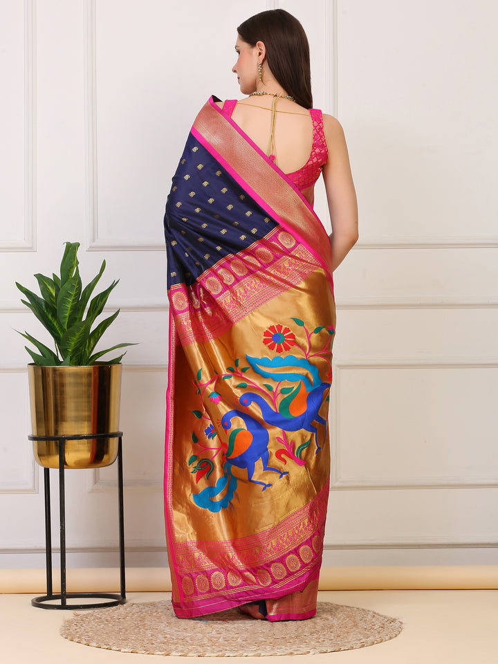 Navy blue and Pink Paithani Silk Saree