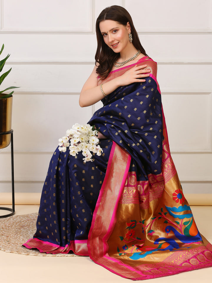Navy blue and Pink Paithani Silk Saree